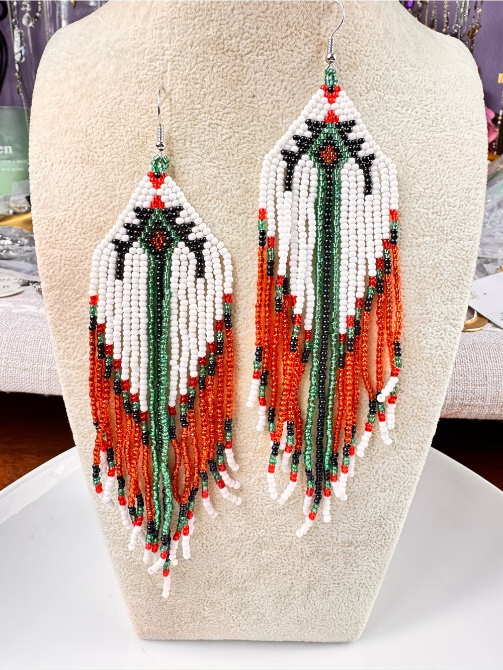 Free People White, Orange & Green Beaded Fringe Earrings